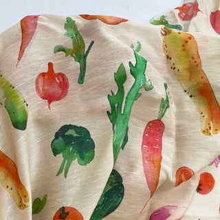 Yardblox Exclusive Japanese Fashion Designer Fruits and Vegetables Beige/Multi Color Non-Stretch Linen Tencel™ / Lyocell Blended Plain Woven DS16513