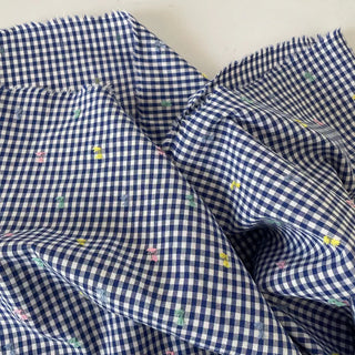 Japanese Fashion Designer Gingham Blue Non-Stretch Cutwork Embroidery Cotton Polyester Blended Plain Woven DS16613