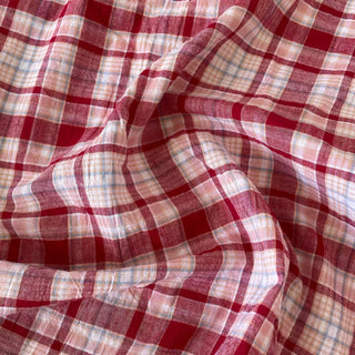 Korean Fashion Designer Plaid Red Non-Stretch Crinkled Cotton Plain Woven DS16630