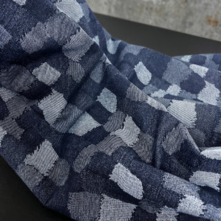 Japanese Designer Geometric Blue Non-Stretch Washed Cotton Denim Twill DS18617