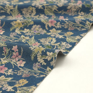 Made in Japan HOKKOH Floral Blue Non-Stretch Cotton Linen Blended Plain Woven DS21626