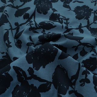 Made in Japan SUNWELL Floral Blue Non-Stretch Cotton Pinwale Corduroy DS21660