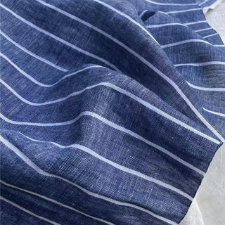 French Fashion Designer Stripes Blue Non-Stretch Organic Linen Chambray Oxford DS24626