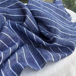 French Fashion Designer Stripes Blue Non-Stretch Organic Linen Chambray Oxford DS24626