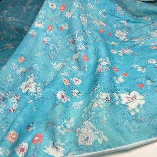 Yardblox Exclusive Made in Japan Fashion Designer Floral Turquoise Blue/Multi Color Non-Stretch Linen Cotton Blended Plain Woven DS25506