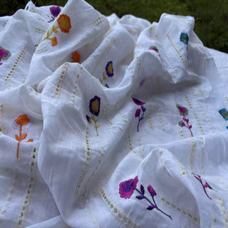 Belgian Fashion Designer Floral Multi Color Non-Stretch Linen Cotton Blended Eyelet DS25606