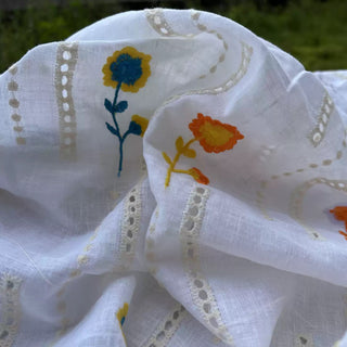 Belgian Fashion Designer Floral Multi Color Non-Stretch Linen Cotton Blended Eyelet DS25606
