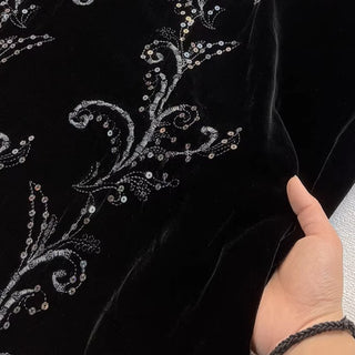 Japanese Fashion Designer Floral Black Non-Stretch Embroidery / Sequin Mulberry Silk Velvet DS26526 -40 Momme