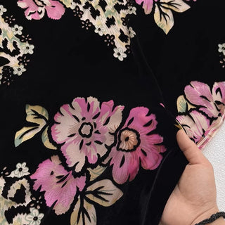 Italian Fashion Designer Floral Black Non-Stretch Burnout Mulberry Silk Devore Velvet DS26530 -8 Momme