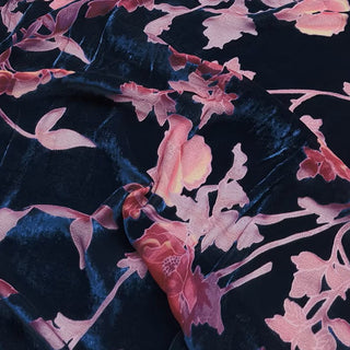 Italian Fashion Designer Floral Blue Non-Stretch Burnout Mulberry Silk Devore Velvet DS26533 -8 Momme