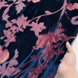 Italian Fashion Designer Floral Blue Non-Stretch Burnout Mulberry Silk Devore Velvet DS26533 -8 Momme