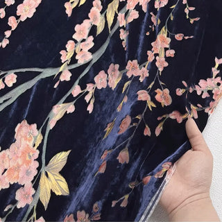 Italian Fashion Designer Floral Blue Non-Stretch Burnout Mulberry Silk Devore Velvet DS26534 -8 Momme