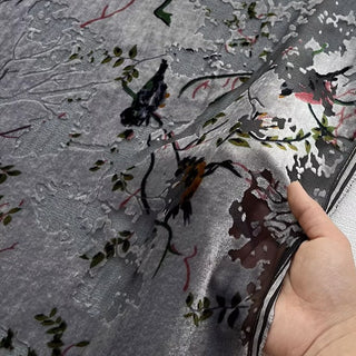 Italian Fashion Designer Botanical Gray Non-Stretch Burnout Mulberry Silk Devore Velvet DS26536 -8 Momme