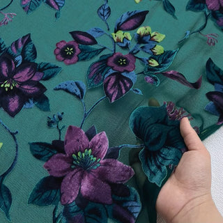 Italian Fashion Designer Floral Green Non-Stretch Burnout Mulberry Silk Devore Velvet DS26537 -8 Momme