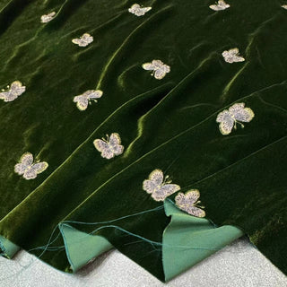 Japanese Luxury Designer Butterfly Green Non-Stretch Embroidery Mulberry Silk Velvet DS28503 -40 Momme