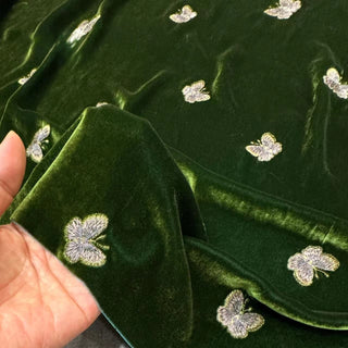 Japanese Luxury Designer Butterfly Green Non-Stretch Embroidery Mulberry Silk Velvet DS28503 -40 Momme
