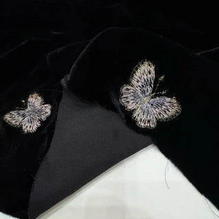 Japanese Luxury Designer Butterfly Black Non-Stretch Embroidery Mulberry Silk Velvet DS28504 -40 Momme