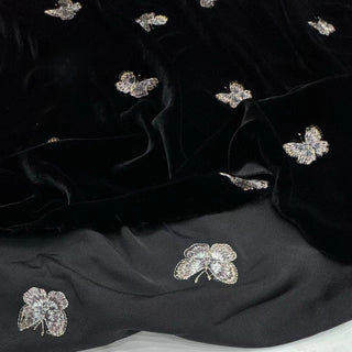 Japanese Luxury Designer Butterfly Black Non-Stretch Embroidery Mulberry Silk Velvet DS28504 -40 Momme