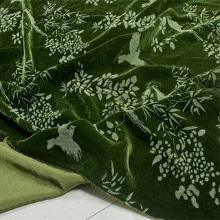Japanese Luxury Designer Botanical Green Non-Stretch Mulberry Silk Velvet DS28513 -40 Momme