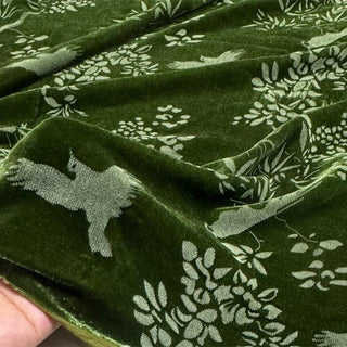 Japanese Luxury Designer Botanical Green Non-Stretch Mulberry Silk Velvet DS28513 -40 Momme