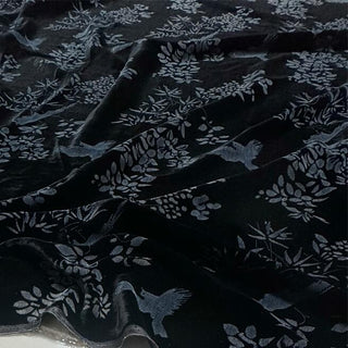 Japanese Luxury Designer Botanical Black Non-Stretch Mulberry Silk Velvet DS28516 -40 Momme