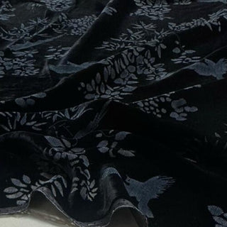 Japanese Luxury Designer Botanical Black Non-Stretch Mulberry Silk Velvet DS28516 -40 Momme