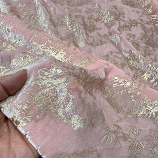 Japanese Luxury Designer Botanical Pink Non-Stretch Foil Print Mulberry Silk Velvet DS28517 -40 Momme