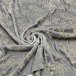 Japanese Luxury Designer Botanical Gray Non-Stretch Foil Print Mulberry Silk Velvet DS28518 -40 Momme