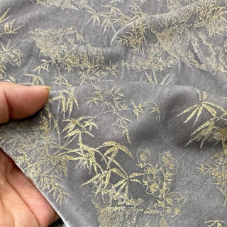 Japanese Luxury Designer Botanical Gray Non-Stretch Foil Print Mulberry Silk Velvet DS28518 -40 Momme