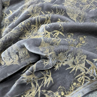 Japanese Luxury Designer Botanical Gray Non-Stretch Foil Print Mulberry Silk Velvet DS28518 -40 Momme