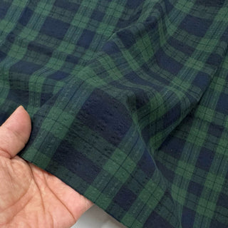 Japanese Fashion Designer Plaid Green Non-Stretch Salt Shrinking / Puckered Cotton Seersucker DS28602