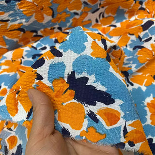 Korean Fashion Designer Floral Orange Non-Stretch Salt Shrinking / Puckered Cotton Seersucker DS28614