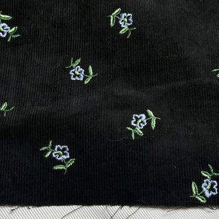Japanese Fashion Designer Floral Black Non-Stretch Embroidery Cotton Pinwale Corduroy DS29516
