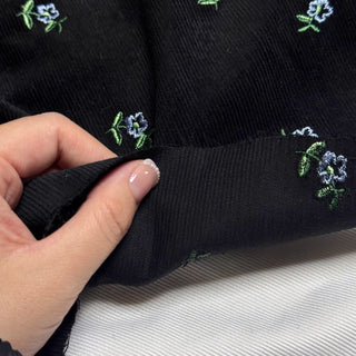 Japanese Fashion Designer Floral Black Non-Stretch Embroidery Cotton Pinwale Corduroy DS29516