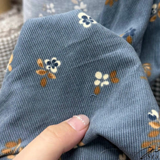 Japanese Fashion Designer Floral Blue Non-Stretch Cotton Pinwale Corduroy DS29518