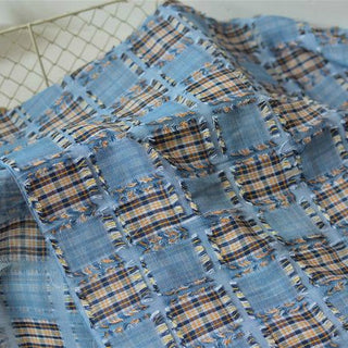 Korean Fashion Designer Plaid Blue Non-Stretch Cutwork Embroidery Cotton Double Gauze DS29529