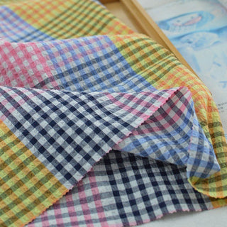 Korean Fashion Designer Plaid Multi Color Stretch BCI Cotton Elastane Blended Seersucker DS29532