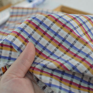 Japanese Fashion Designer Plaid Multi Color Non-Stretch Washed Cotton Elastane Blended Seersucker DS29537