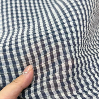 Italian Fashion Designer Gingham Blue Non-Stretch Crinkled Mulberry Silk Cotton Blended Plain Woven DS296110 -16 Momme