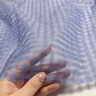 Japanese Fashion Designer Gingham Blue Non-Stretch Mulberry Silk Cotton Blended Plain Woven DS296114 -12 Momme
