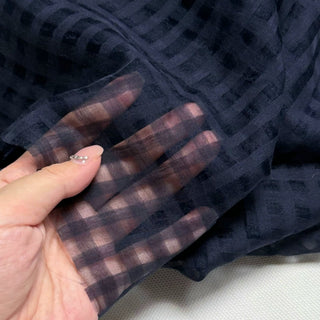 Japanese Fashion Designer Gingham Blue Non-Stretch Mulberry Silk Cotton Blended Plain Woven DS296116 -12 Momme