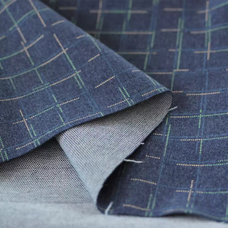 Japanese Designer Windowpane Blue Stretch Peached / Textured Back Cotton Elastane Blended Denim DS296150