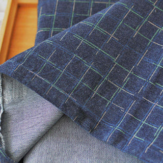 Japanese Designer Windowpane Blue Stretch Peached / Textured Back Cotton Elastane Blended Denim DS296150