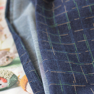 Japanese Designer Windowpane Blue Stretch Peached / Textured Back Cotton Elastane Blended Denim DS296150