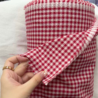 Japanese Fashion Designer Gingham Red Non-Stretch Salt Shrinking / Puckered Cotton Seersucker DS29662