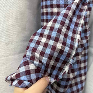 Japanese Fashion Designer Gingham Blue Non-Stretch Salt Shrinking / Puckered Cotton Seersucker DS29663