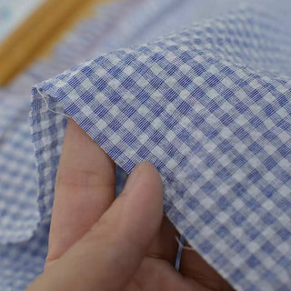 Japanese Fashion Designer Gingham Blue Non-Stretch Salt Shrinking / Puckered Cotton Seersucker DS29694