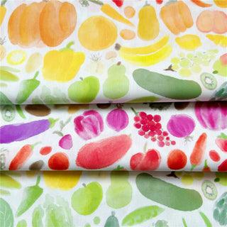 Yardblox Exclusive Korean Fashion Designer Fruits and Vegetables White/Multi Color Non-Stretch Cotton Broadcloth Poplin DS31503