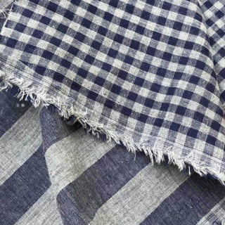 Japanese Luxury Designer Gingham Blue Non-Stretch Sand Washed Cotton Double Gauze DS38505