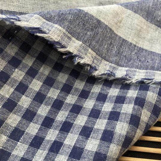 Japanese Luxury Designer Gingham Blue Non-Stretch Sand Washed Cotton Double Gauze DS38505